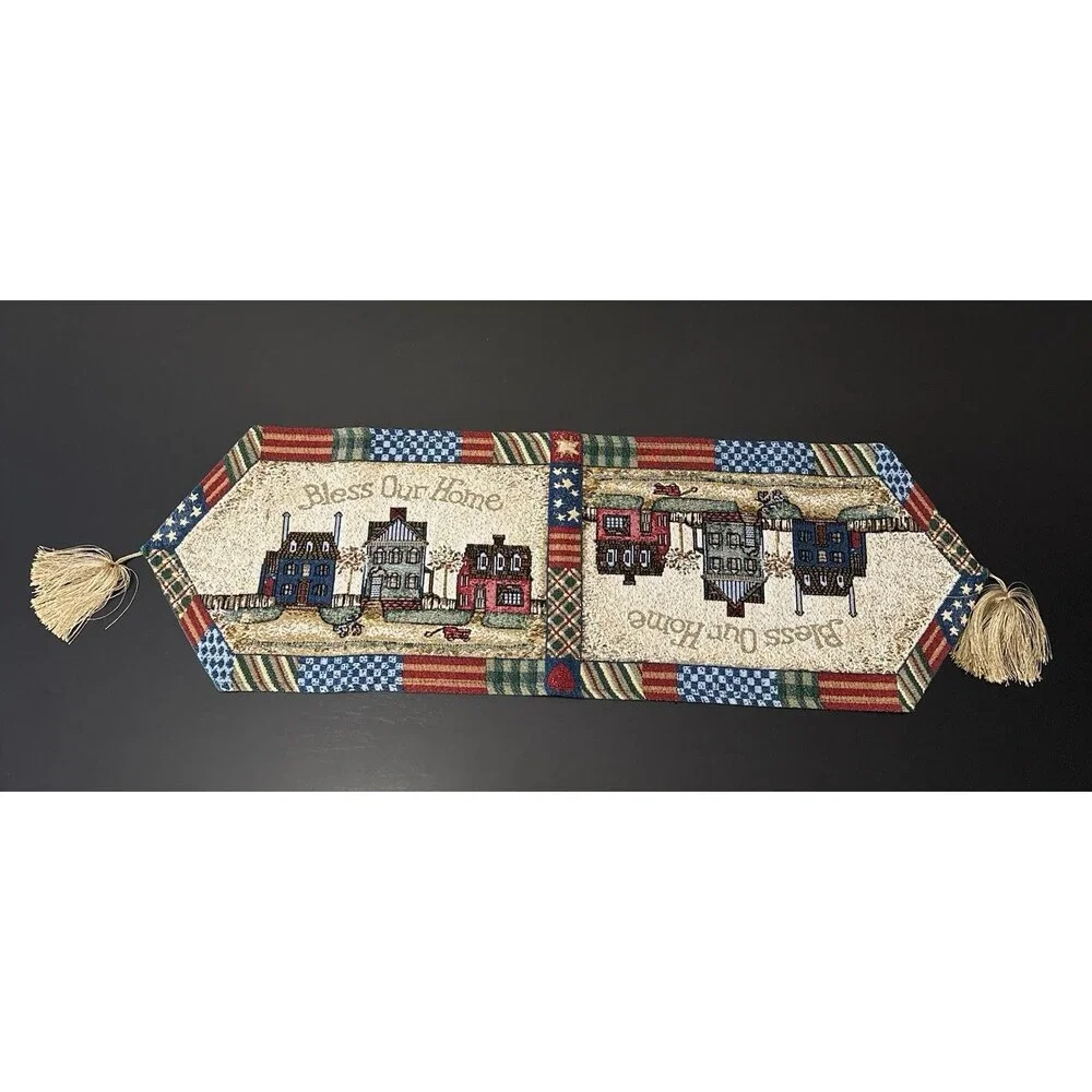 BLESS OUR HOME- Tapestry Table Runner! Americana Country Home Rustic